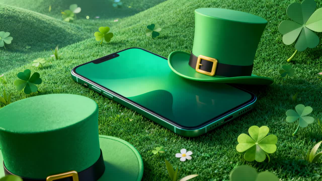 Kamera zbliża się i przesuwa, wysuwając zielony smartfon na pierwszy plan na trawiastym pagórku, z dwoma cylindrami