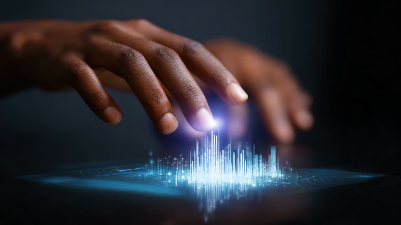 A Human Hand Interacting with a Futuristic Sound Wave Interface, Demonstrating the Integration of Technology and Physical Interaction in Modern Digital Experiences and Sound Visualization