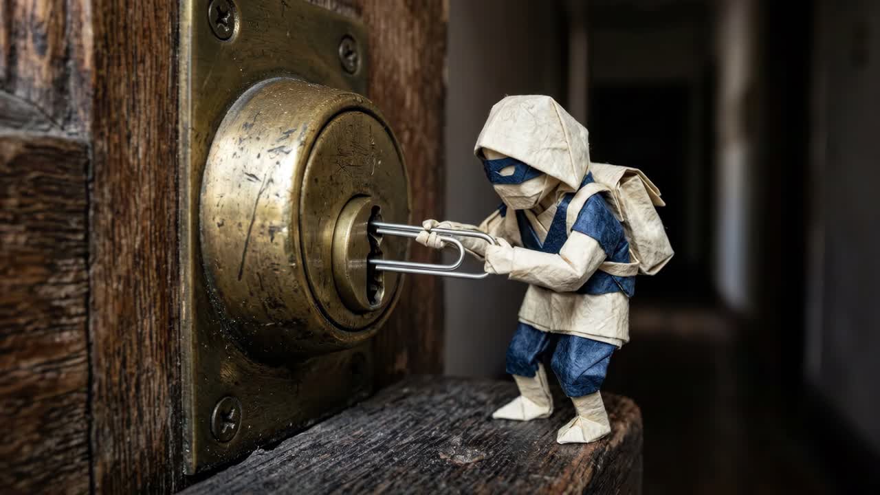 Figura di origami che scassina una serratura su una porta di legno