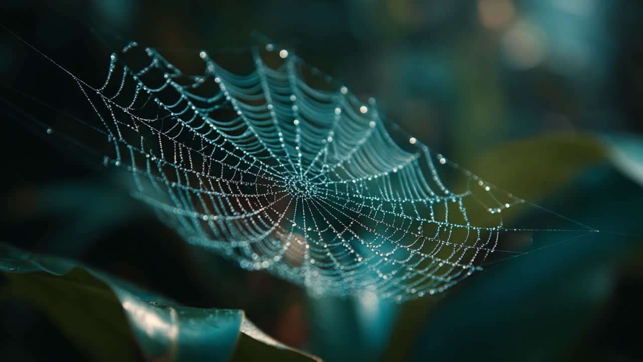 A Close-Up View of an Intricate Spiderweb Glistening with Dew in a Lush Environment, Capturing the Beauty of Nature and Its Delicate Design
