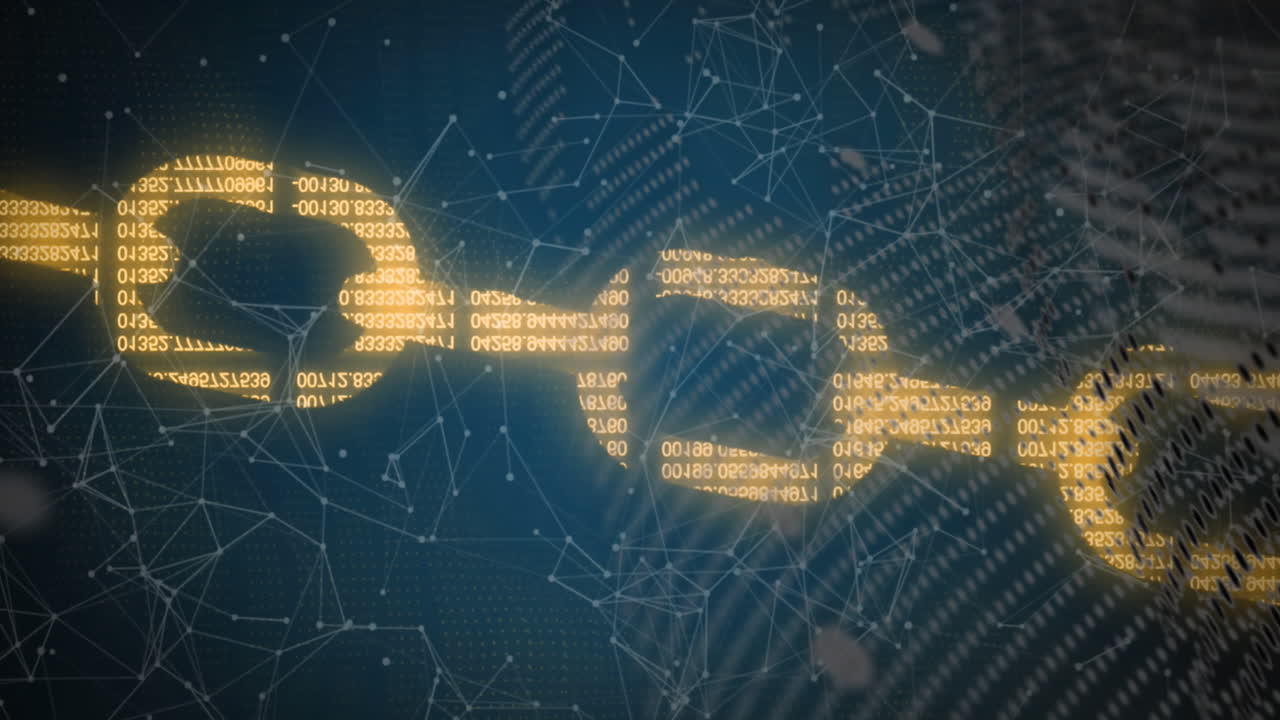 Animation of globe, numbers forming blockchain and connected dots over abstract background