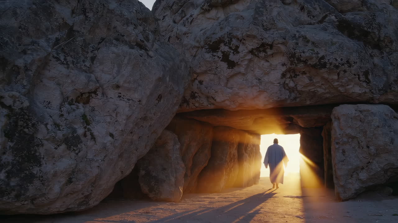Man Walking Through a Stone Archway at Sunrise