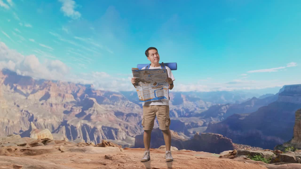 Full Body Of Asian Male Hiker With Mountaineering Backpack Looking At The Map Then Looking Around While Traveling At The Top Of Mountain