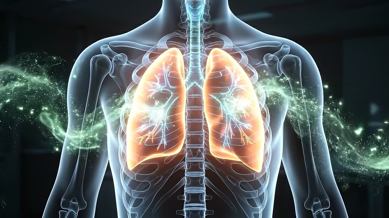 Vista anatomica del torace che evidenzia i polmoni con percorsi illuminati e movimento dinamico del flusso d'aria attraverso il sistema respiratorio.