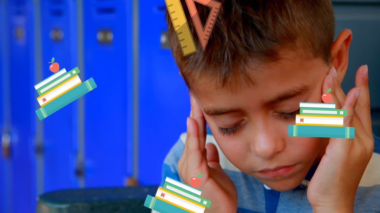 Animazione di icone di materiale scolastico che si muovono su uno scolaro