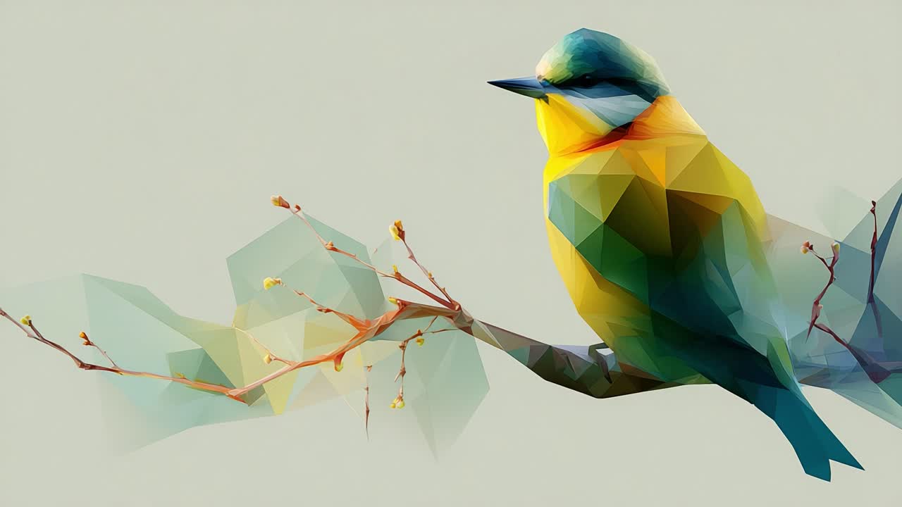 Um pássaro poligonal colorido empoleirado em um galho, exibindo cores vibrantes e padrões geométricos únicos em sua plumagem, perfeito para entusiastas da natureza e da arte