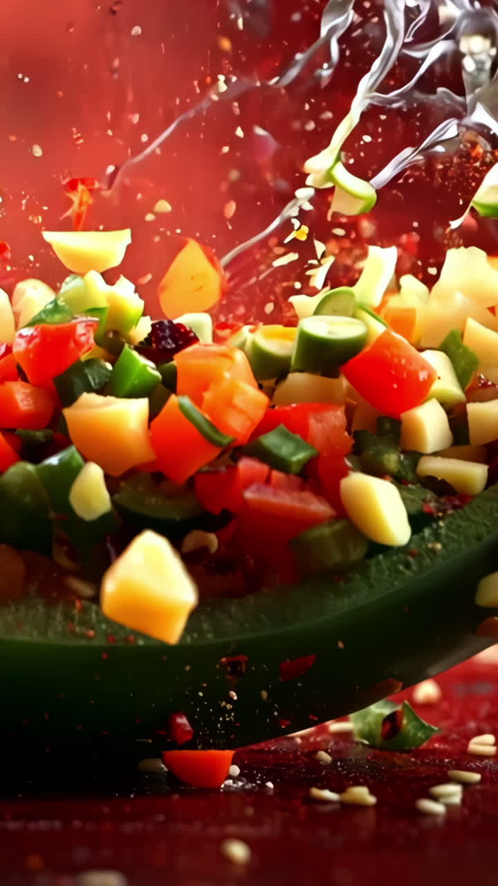 A green pepper is being sliced and scattered on a red surface. Concept of chaos and disorder, as the pepper pieces are flying everywhere. The red background adds to the intensity of the scene