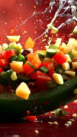 a green pepper is being sliced and scattered on a red surface. concept of chaos and disorder, as the pepper pieces are flying everywhere. the red background adds to the intensity of the scene