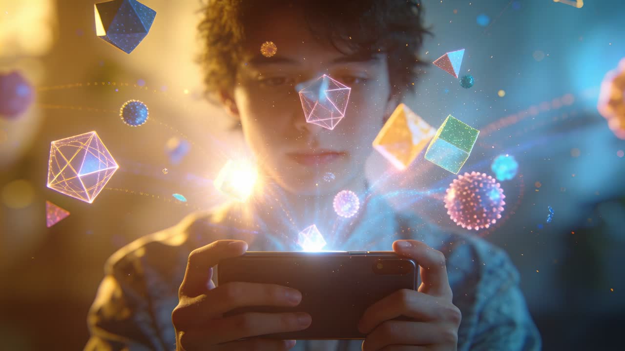 Watching teen in patterned shirt holding phone at home, phone's blue glow spawning holograms