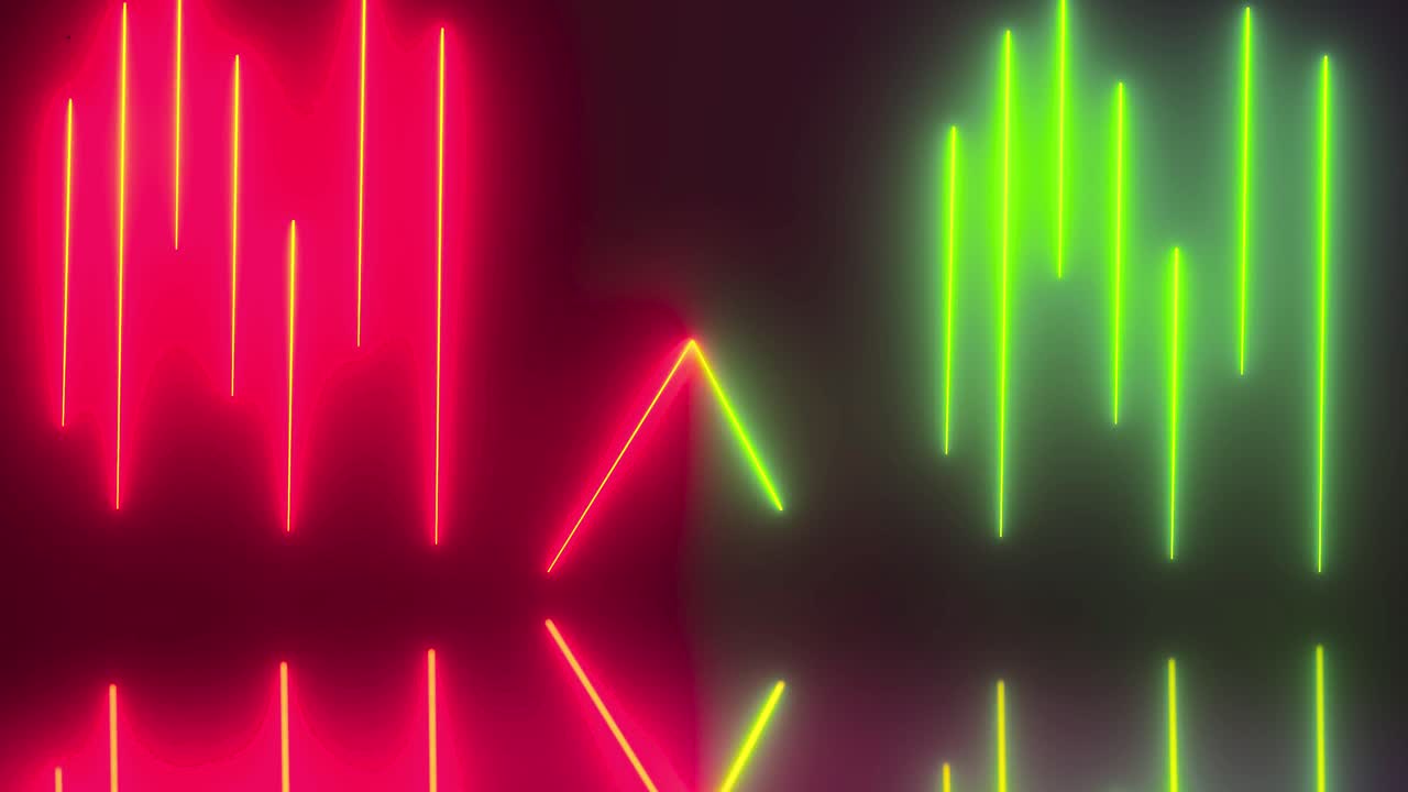 Linee astratte al neon che si muovono e riflettono su sfondo scuro