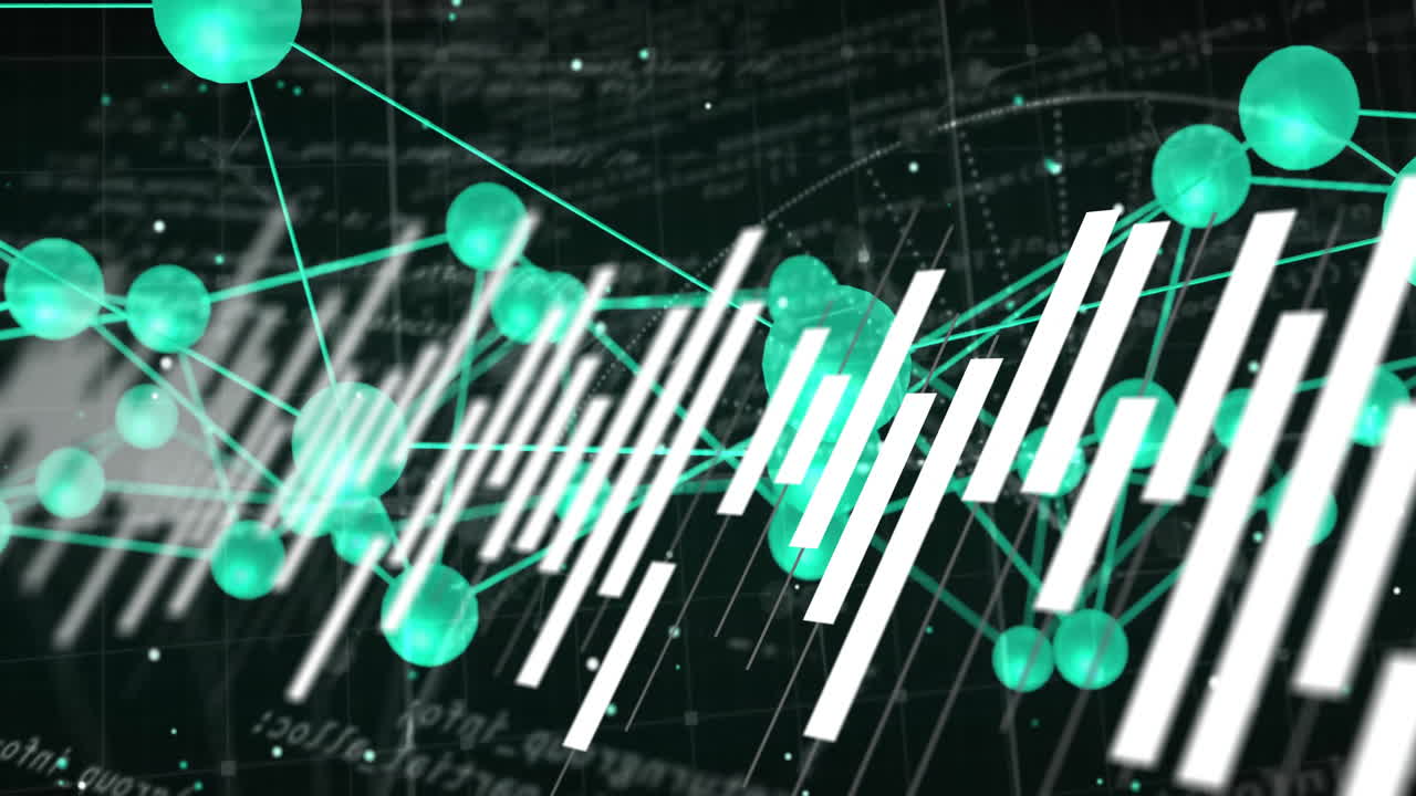 Network of glowing green spheres and thin lines linking floating white bars overlaying formulas