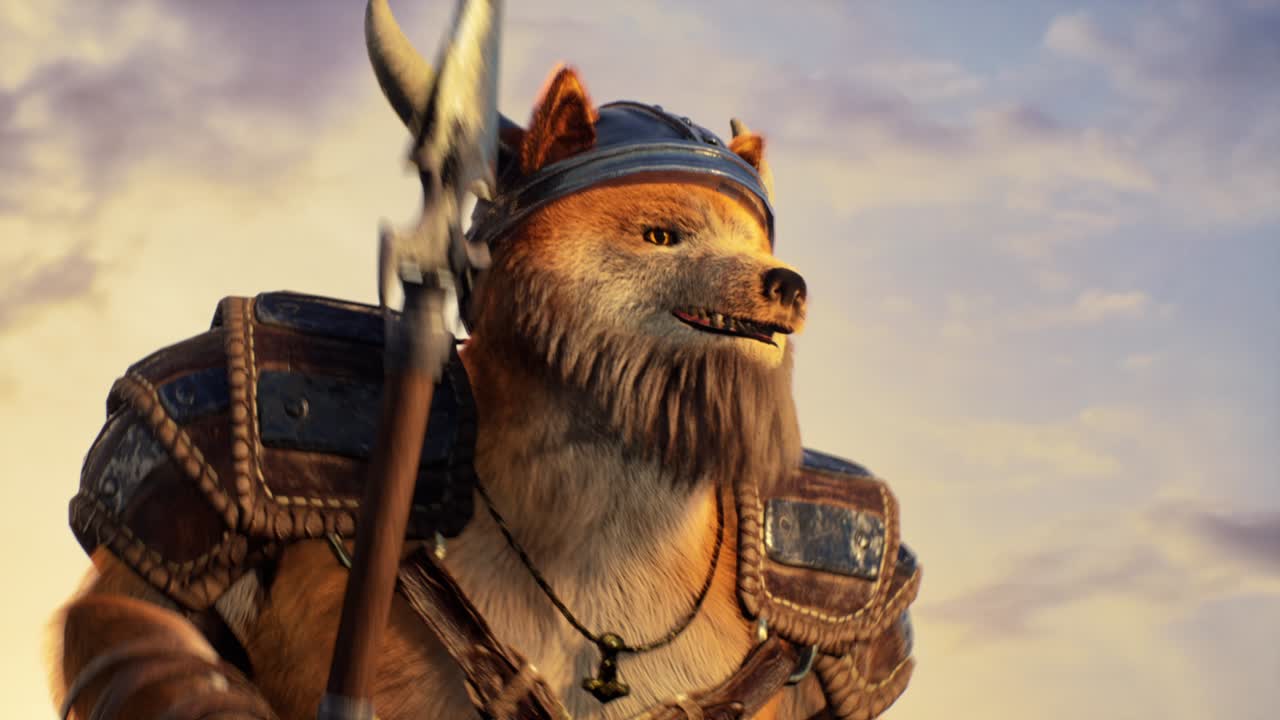 animación 3d de un perro con una botella de bebida alrededor de la cintura mientras un vikingo camina por el paisaje nevado durante una puesta de sol