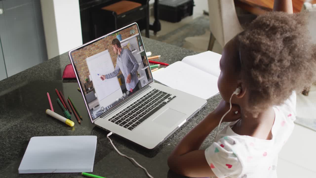 Animation of african american girl in earphones having online lessons on laptop at home