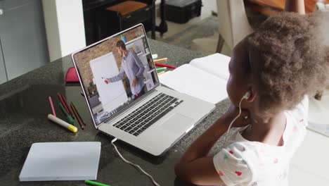 animation of african american girl in earphones having online lessons on laptop at home