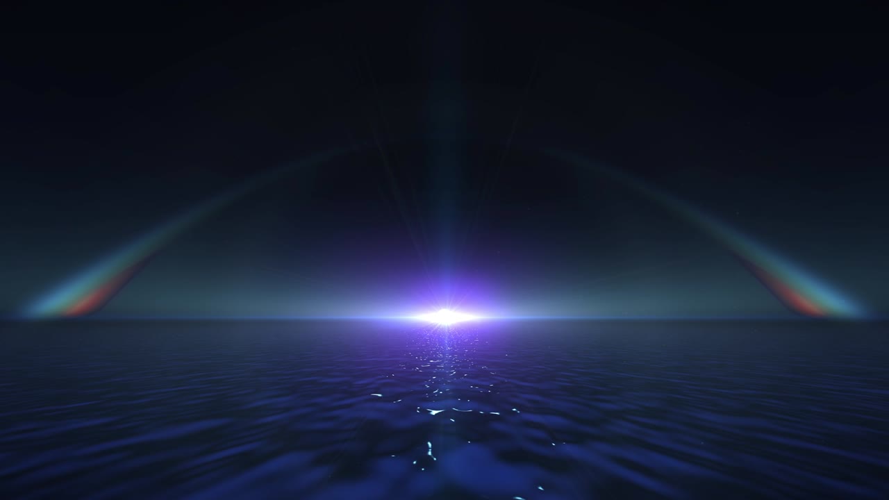 faro de luz sobre aguas tranquilas y arco iris