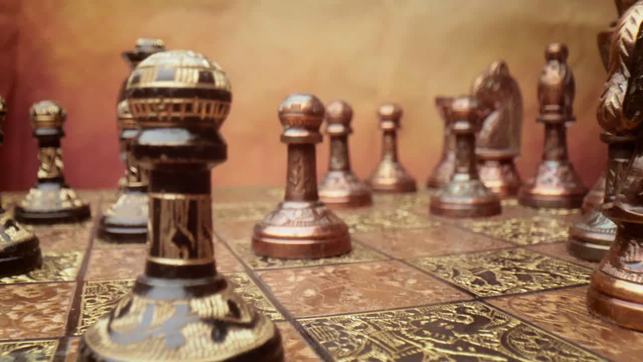 Flight of the camera between vintage chess. super macro close-up
