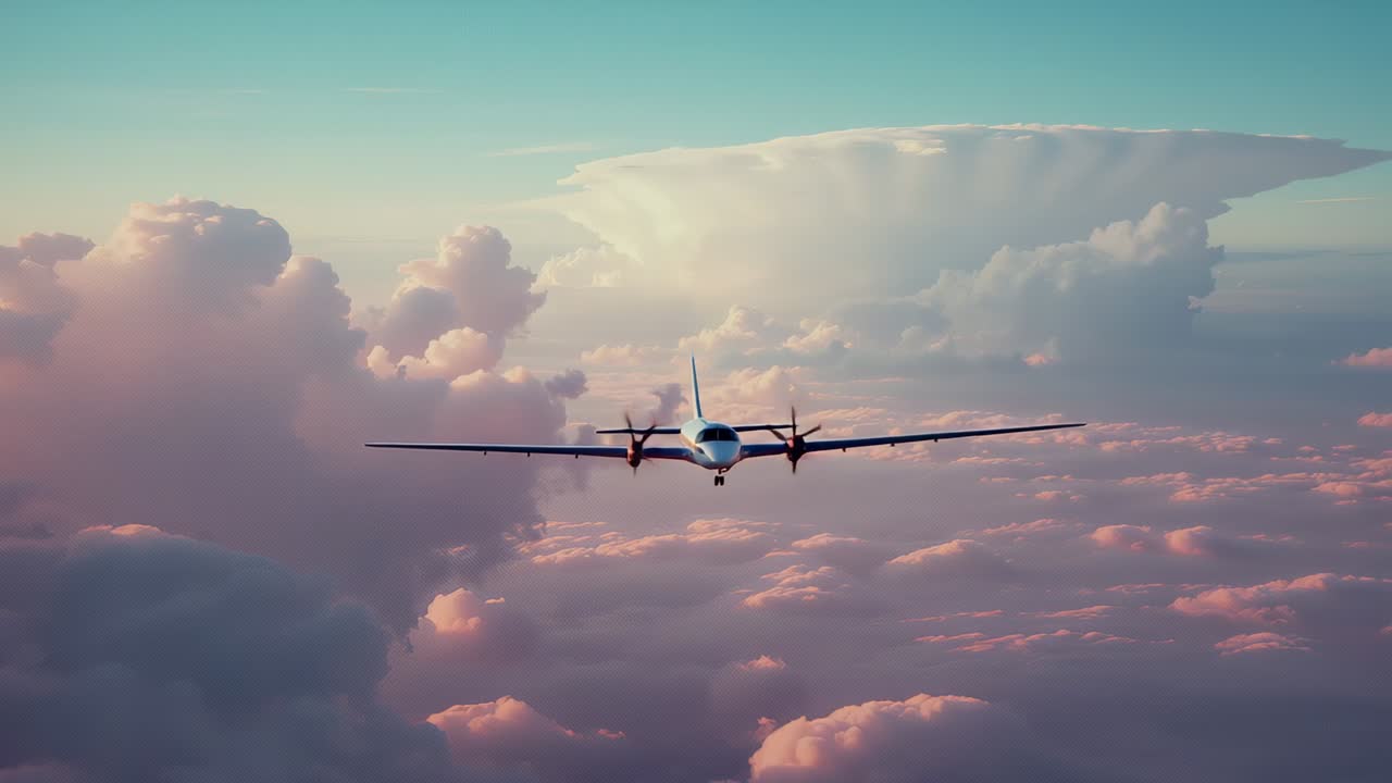 Beginning twin-engine plane flying above cumulus clouds with propellers deploying landing gear