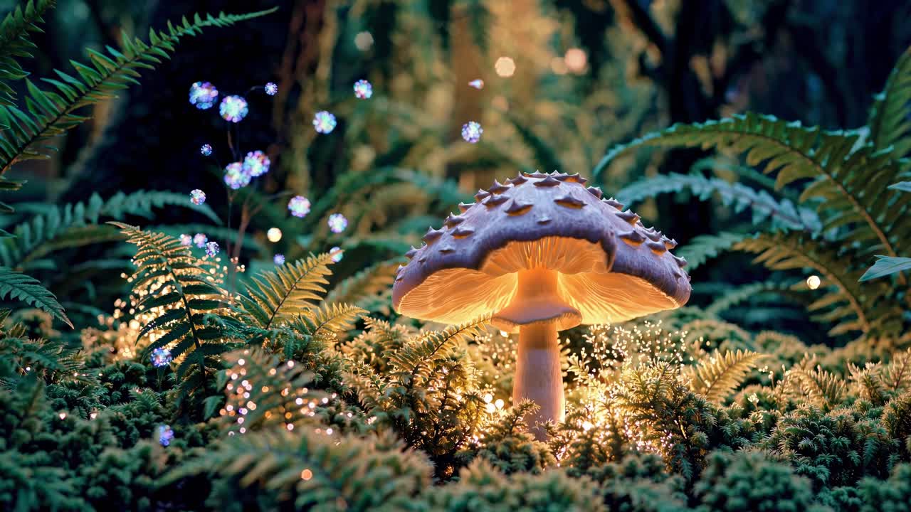 Una scena di foresta magica con funghi luminosi e felci, ripresa da un'angolazione bassa.