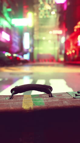 vintage suitcase in a neon-lit city at night