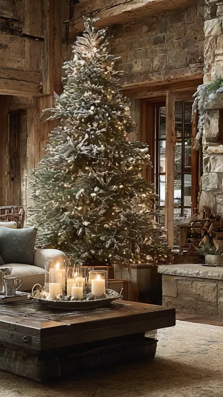 A Cozy Rustic Holiday Scene Featuring a Beautifully Decorated Christmas Tree Surrounded by Warm Candlelight in a Charming Stone Cabin