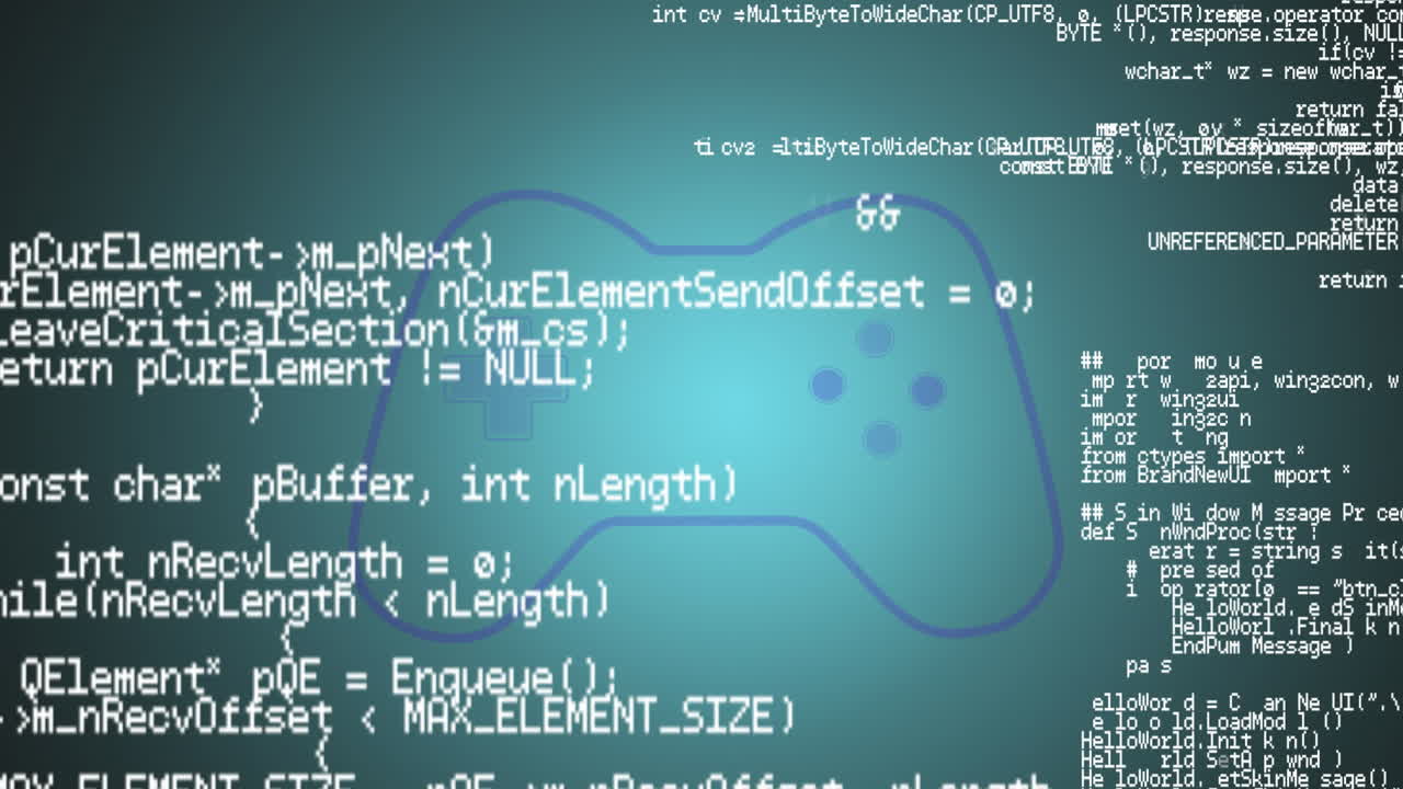 Code snippets and programming elements with animation over game controller outline