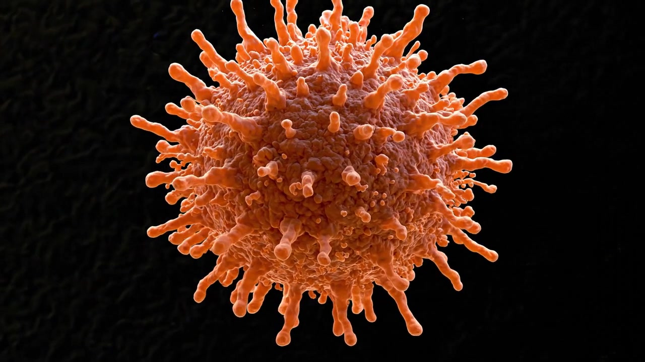 Grande cellula biologica microscopica arancione che galleggia su uno sfondo scuro