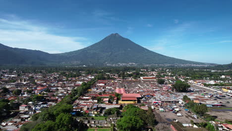 aerial view of antigua guatemala by dji air2s drone flying latterly above the city, revealing beautiful architecture and landscape of the city