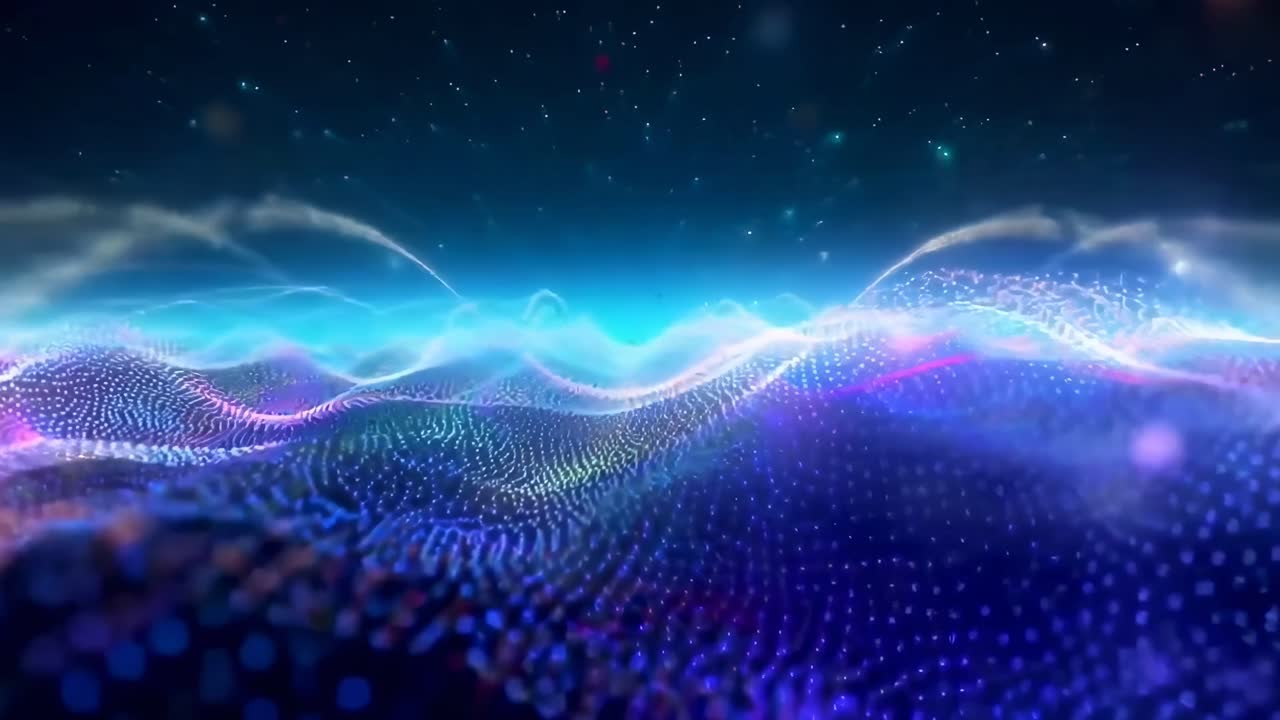 Futuristic video concept with a low-angle view of glowing digital waves under a starry sky