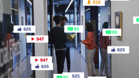 animation of social media notifications over diverse colleagues talking at casual office