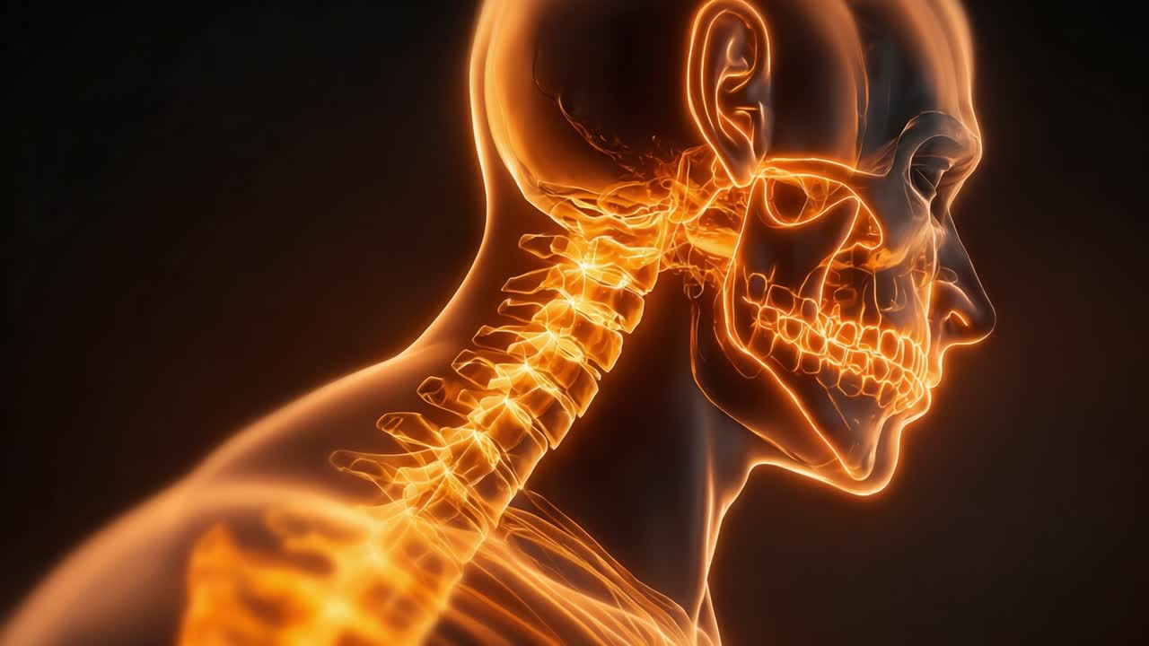 Esplorando l'Intricata Anatomia del Collo e del Cranio Umani: Una Rappresentazione 3D Visivamente Sbalorditiva della Colonna Cervicale e della Struttura Cranica.