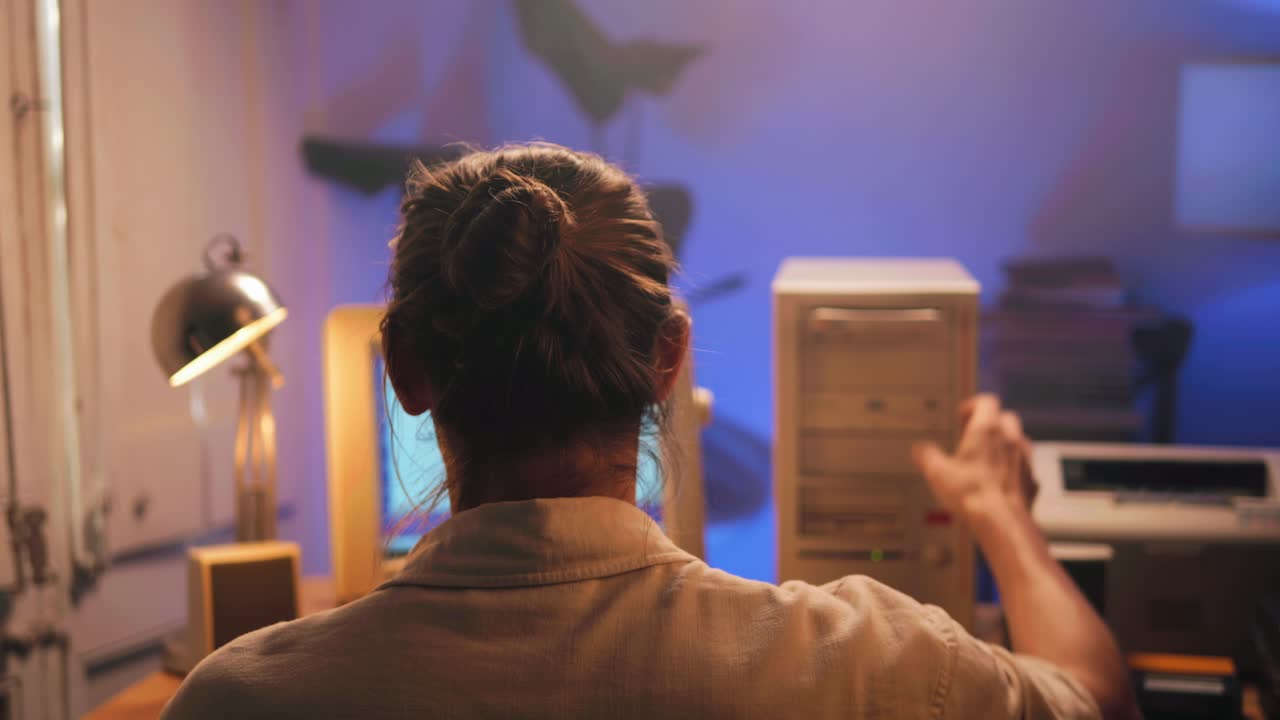 Man working and gaming on retro computer PC, IT engineer with vintage computer at home, using old fashion technology, close up of retro setup.