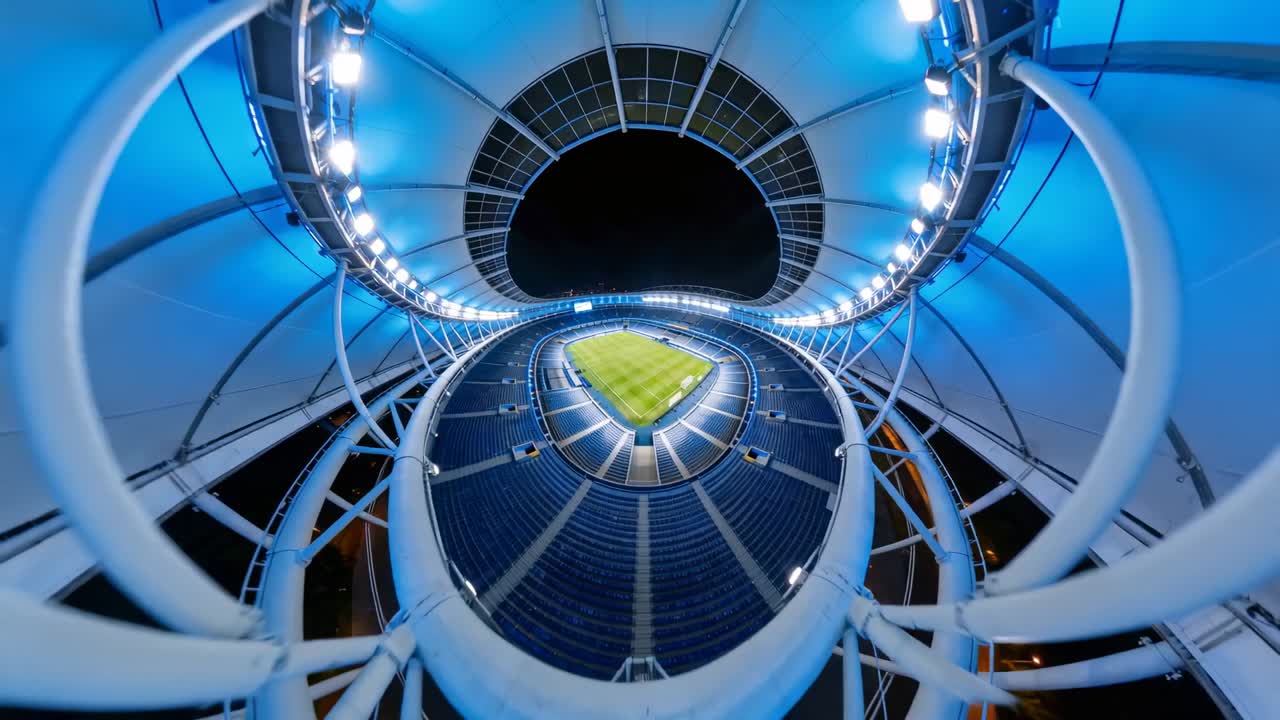 Telecamera che arretra sopra uno stadio all'aperto, rivelando il campo illuminato e il tetto ovale che mostra anelli di luce di notte.
