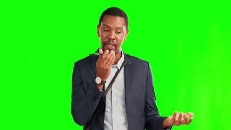 green screen, phone and businessman on a voice