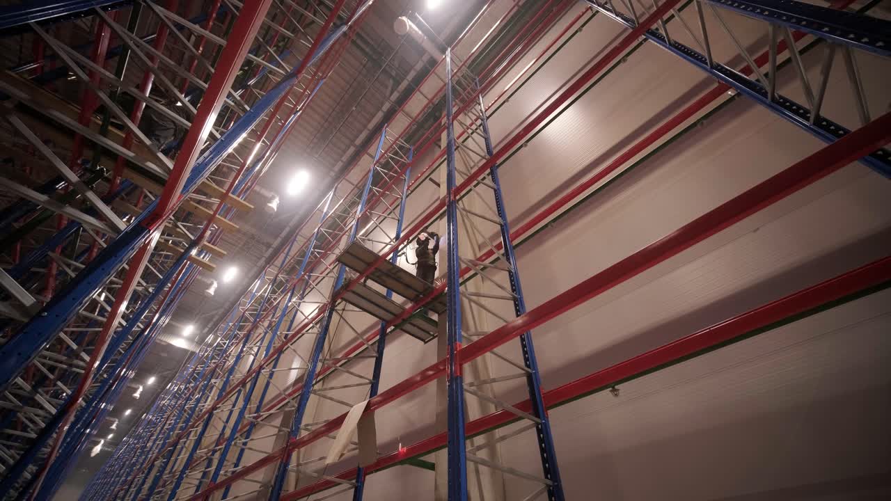 Big and modern warehouse under construction, featuring metal shelving and other industrial equipment.