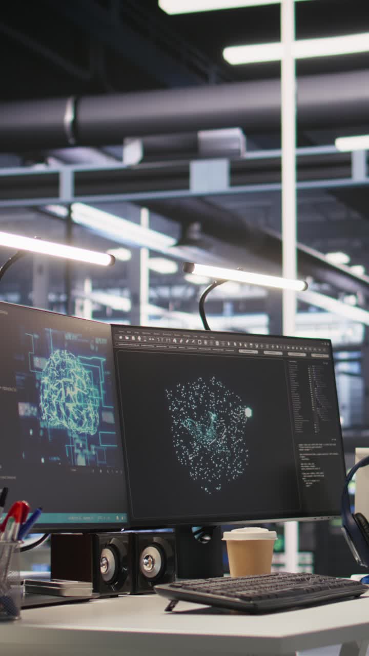 Vertical video Monitors displaying status of data center hardware supporting AI workflows