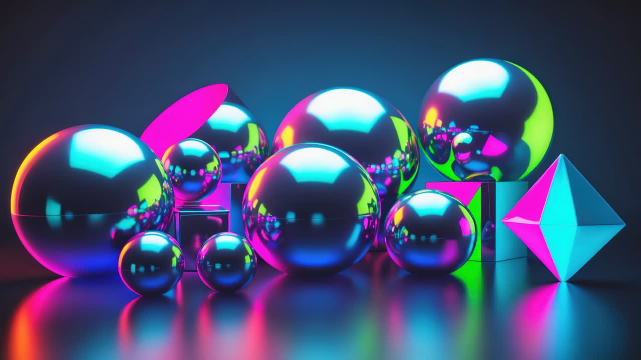 Vibrant Abstract Composition of Reflective Spheres and Geometric Shapes