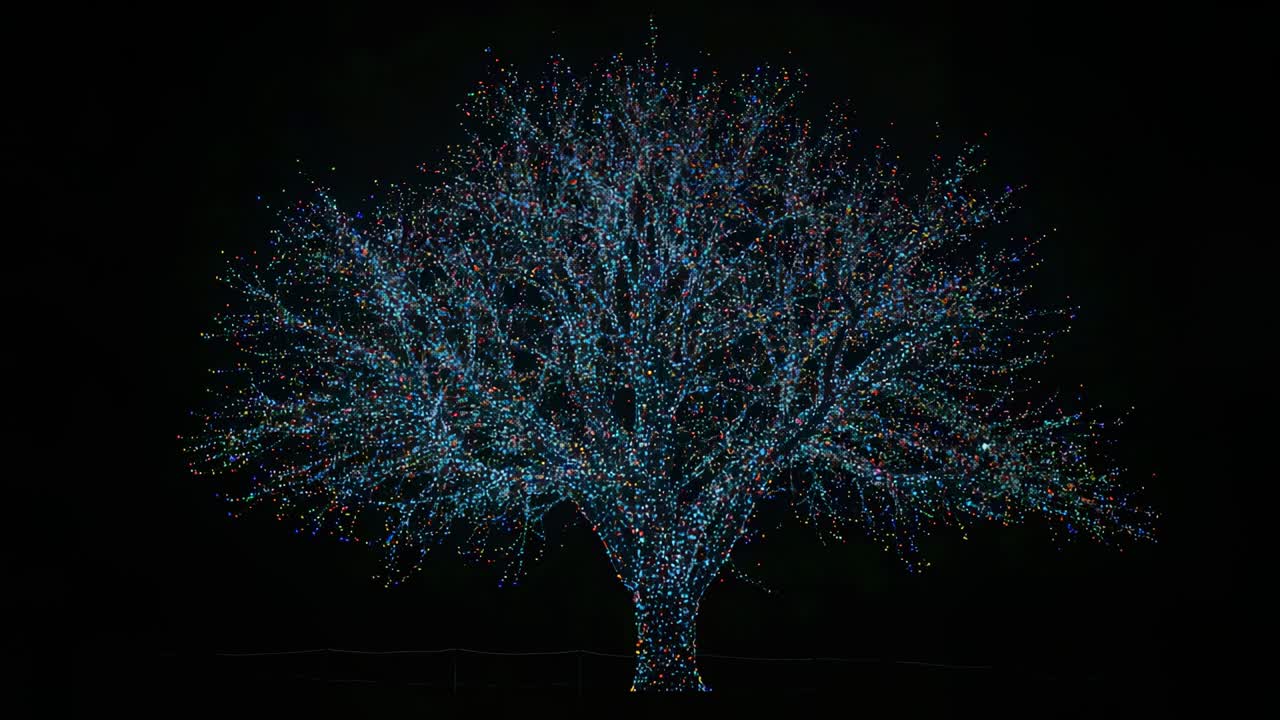 Twinkling large deciduous tree displaying timed light sequence at night in yard for holiday decor