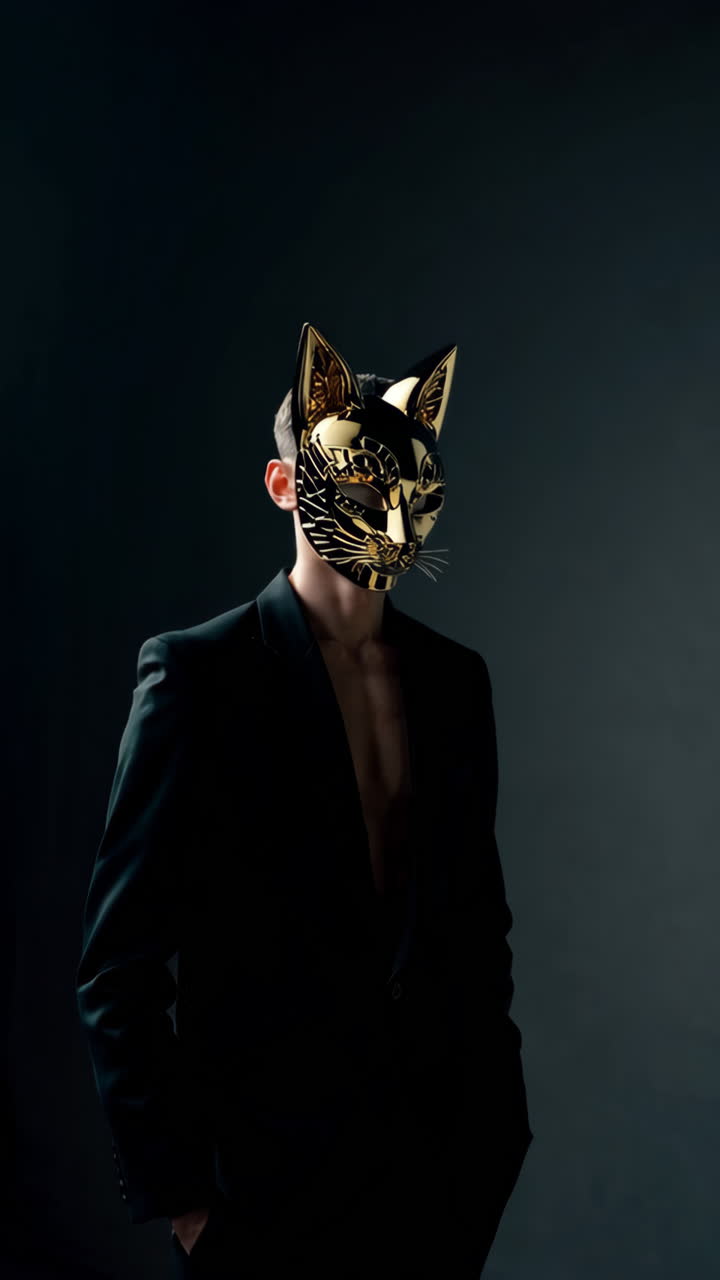 Man in Black Suit with Gold Cat Mask