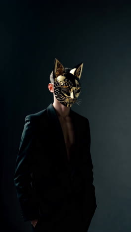 man in black suit with gold cat mask