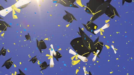 Multiple-graduation-hat-and-diploma-icons-moving-over-confetti-falling-against-blue-background