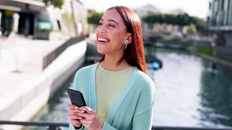 phone, wow and notification with a woman excited