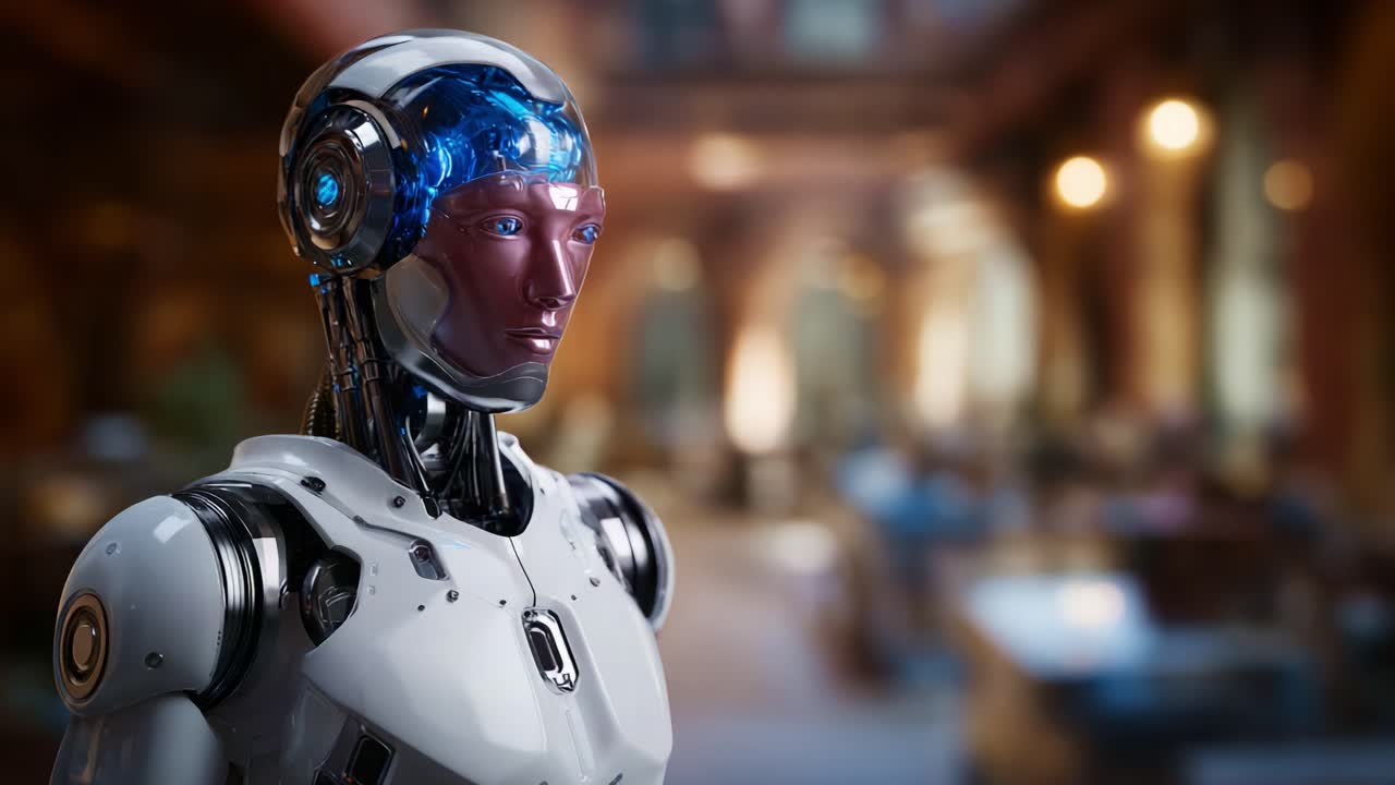 Gelişmiş özelliklere sahip fütüristik insansı robot, sofistike ve modern bir ortamda bulanık arka plan efektleriyle teknolojiyi ve sanatı bir araya getiriyor