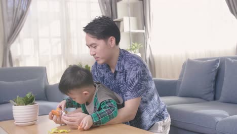 Young Asian Man Father Playing Toy With Son At Home