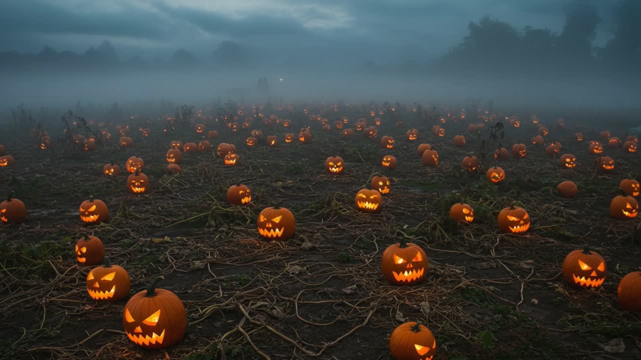 A Spooky Halloween Night: A Field Filled with Creepy Jack-O'-Lanterns Illuminated by Eerie Fog, Creating a Haunting Atmosphere Perfect for the Season of Frights