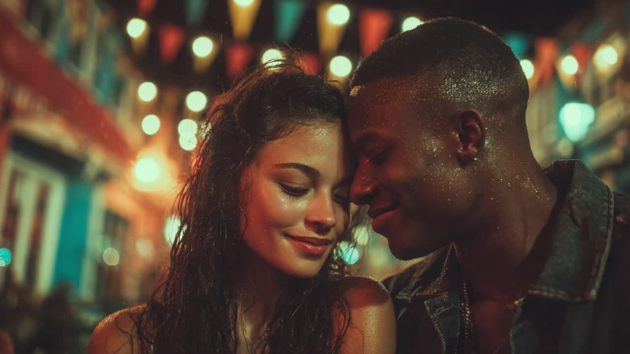 A Romantic Evening Under the Lights: A Couple Share an Intimate Moment Amidst Colorful Festivities, Capturing the Essence of Love and Connection