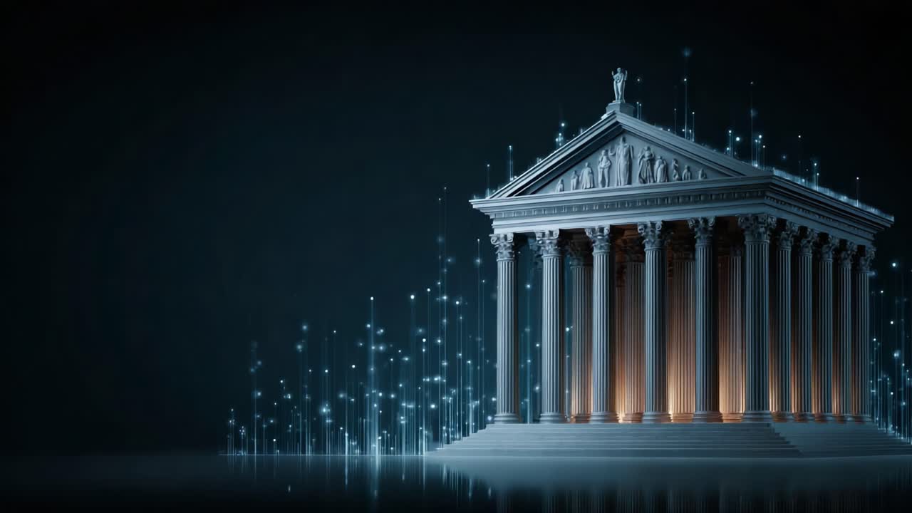 Una meravigliosa opera architettonica: l'illuminazione di un tempio classico circondato da effetti di luce eterei che catturano l'immaginazione di chi guarda