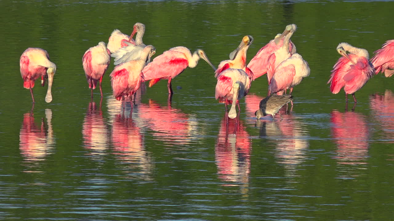 hermosos pájaros rosas pasean bajo la luz dorada a lo largo de la costa de florida