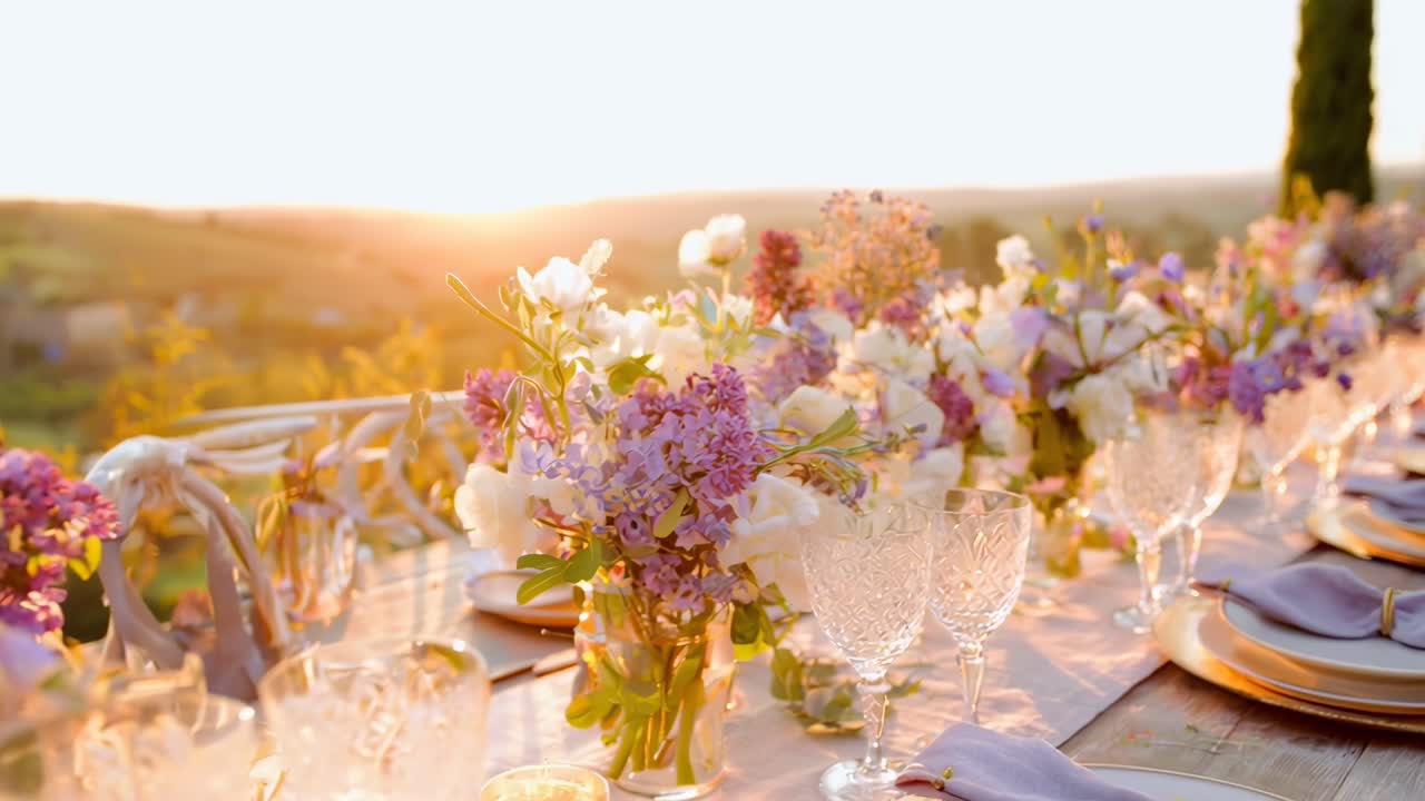 Elegante set da pranzo all'aperto con composizioni floreali al tramonto