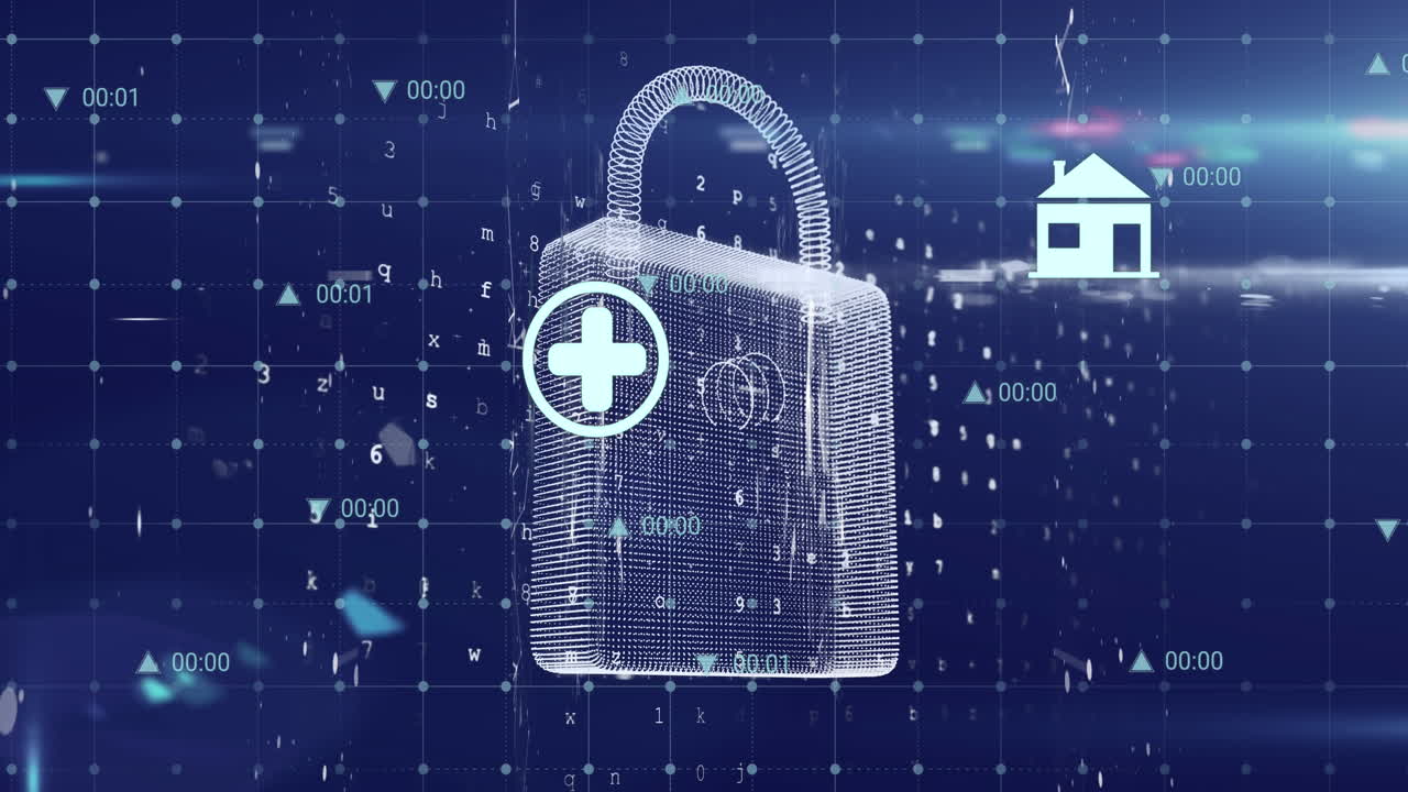 animación de iconos digitales sobre el icono del candado de seguridad y el punto de luz contra un fondo púrpura.