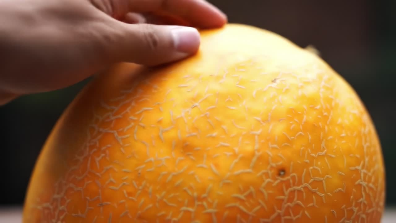 Hand Gently Touching a Ripe Cantaloupe in a Garden Setting During Daylight Hours
